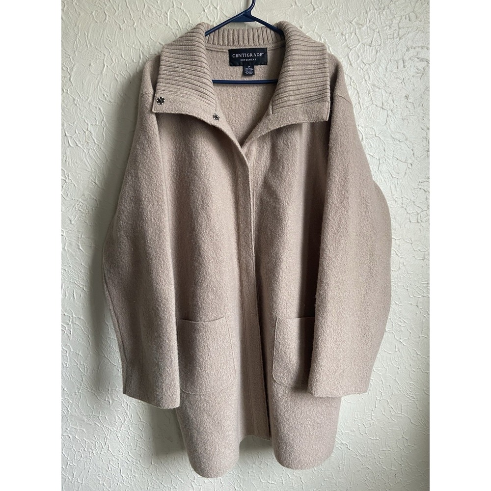 Centigrade Boiled Wool Longer Length Mock Neck Coat Beige 2X Outerwear READ